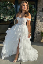 Pink Sequin Appliques Off-the-Shoulder Ruffle Tiered Long Gown
