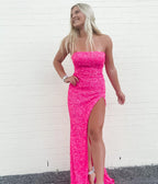 Pink Sequin Long Classy Prom Dress Strapless Mermaid Classy Evening Party Gown