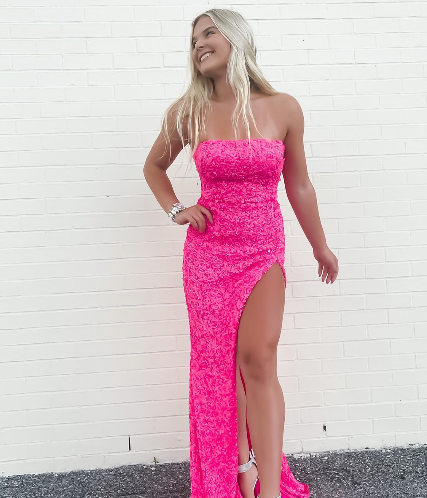 Pink Sequin Long Classy Prom Dress Strapless Mermaid Classy Evening Party Gown