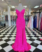 Pink Sequin Long Classy Prom Dress Spaghetti Straps Classy Evening Party Gown