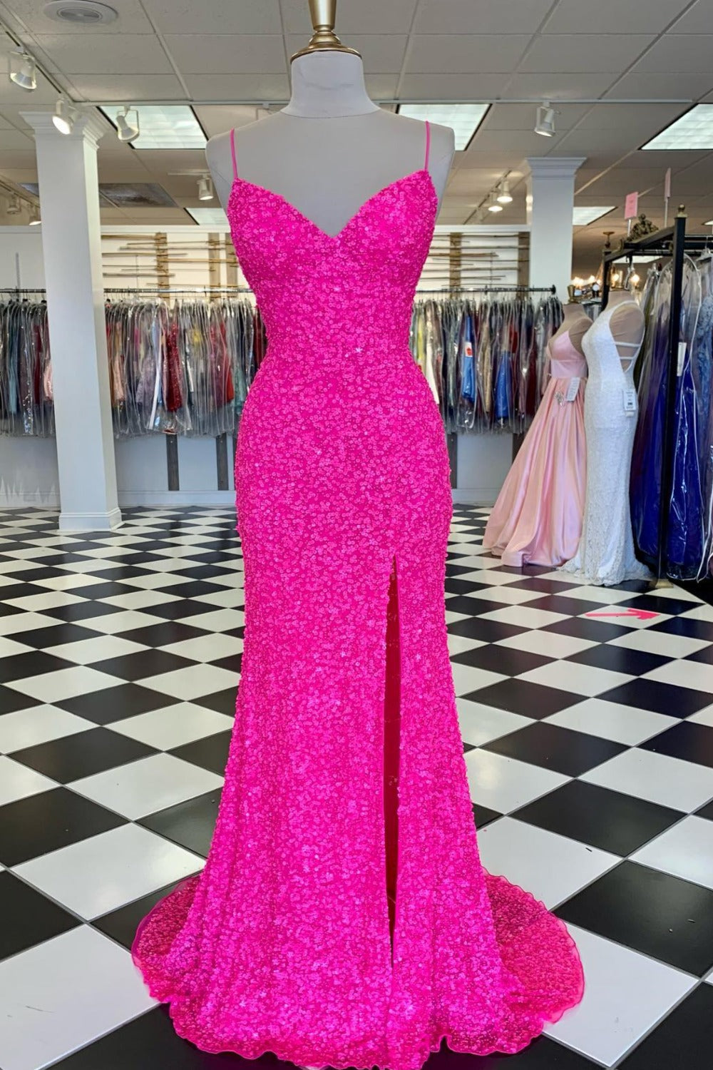 Pink Sequin Long Classy Prom Dress Spaghetti Straps Classy Evening Party Gown