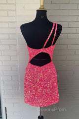 Pink Sequin One Shoulder Cutout Homecoming Dress Gala Dress Short