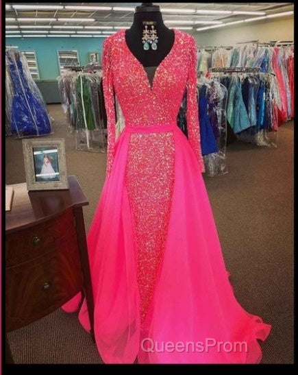 Pink Sequin Evening Prom Dress Long Sleeves V Neck Evening Gowns With Train Secondary image