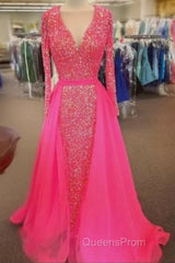 Pink Sequin Evening Prom Dress Long Sleeves V Neck Evening Gowns With Train