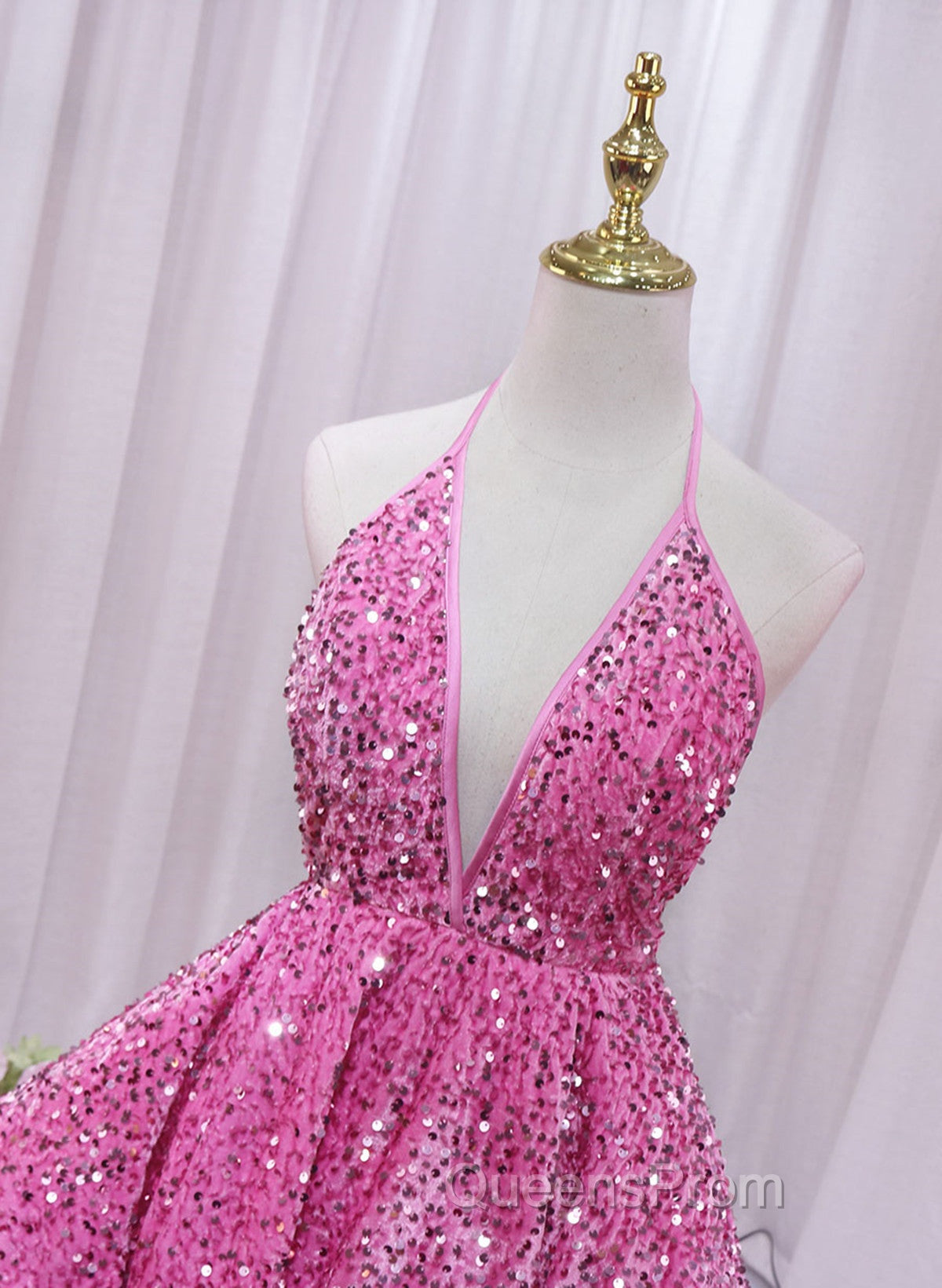 Pink Sequins Halter Backless Short Homecoming Dress, Pink Short Evening Prom Dress Secondary image