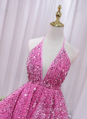 Pink Sequins Halter Backless Short Homecoming Dress, Pink Short Evening Prom Dress