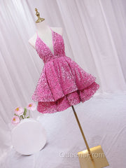 Pink Sequins Halter Backless Short Homecoming Dress, Pink Short Evening Prom Dress