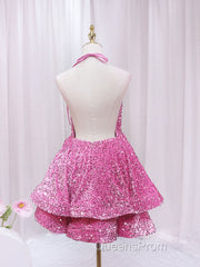 Pink Sequins Halter Backless Short Homecoming Dress, Pink Short Evening Prom Dress