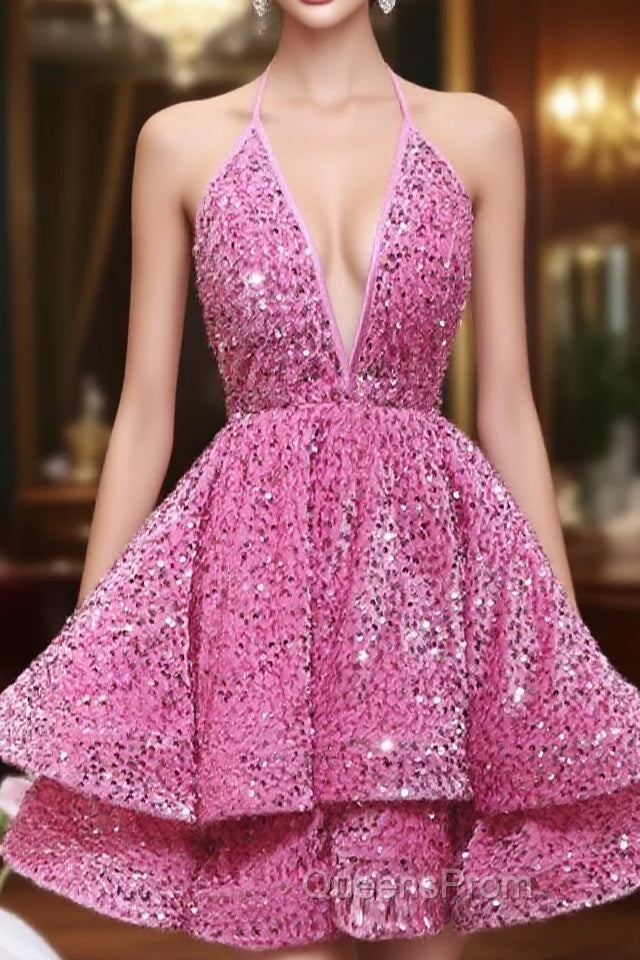 Pink Sequins Halter Backless Short Homecoming Dress, Pink Short Evening Prom Dress Main image