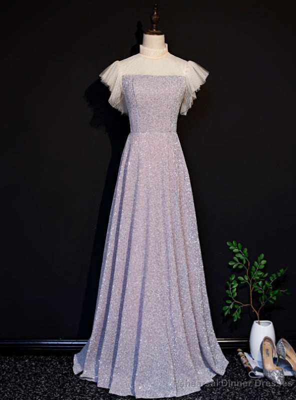 Pink Sequins High Neck Short Sleeve Prom Dress Main image