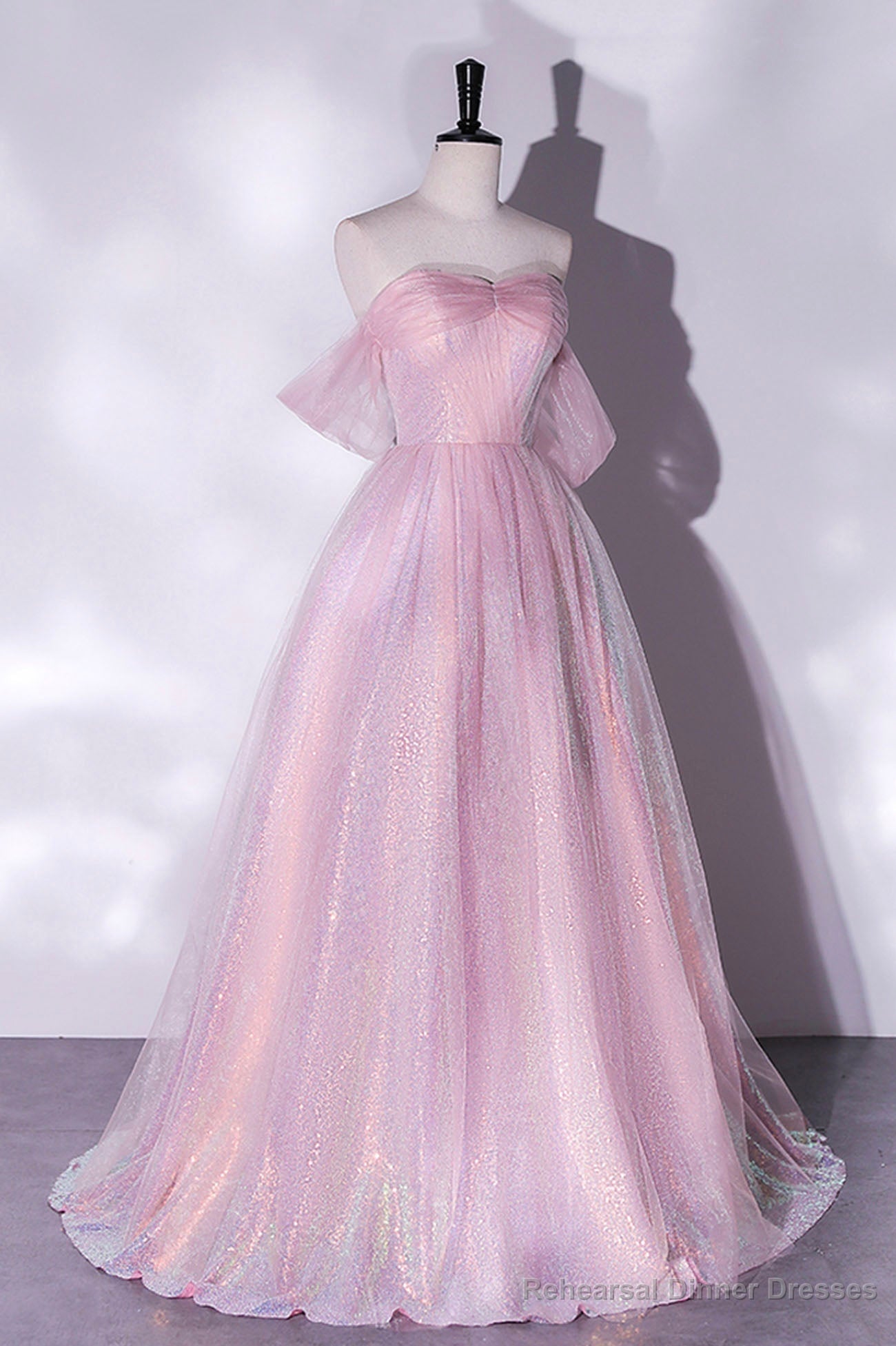Pink Sequins Long A-Line Prom Dress, Off the Shoulder Evening Party Dress Main image