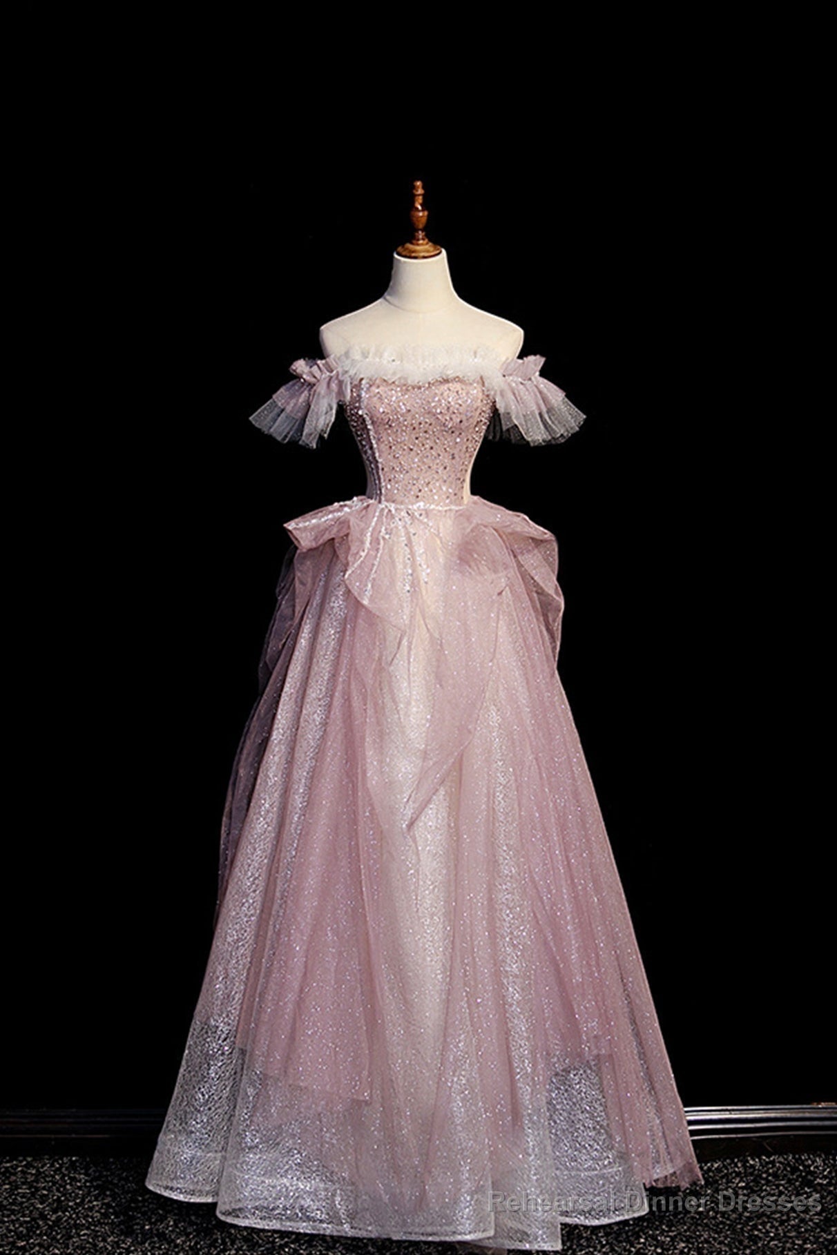Pink Sequins Long A-Line Prom Dress, Off the Shoulder Evening Party Dress Main image