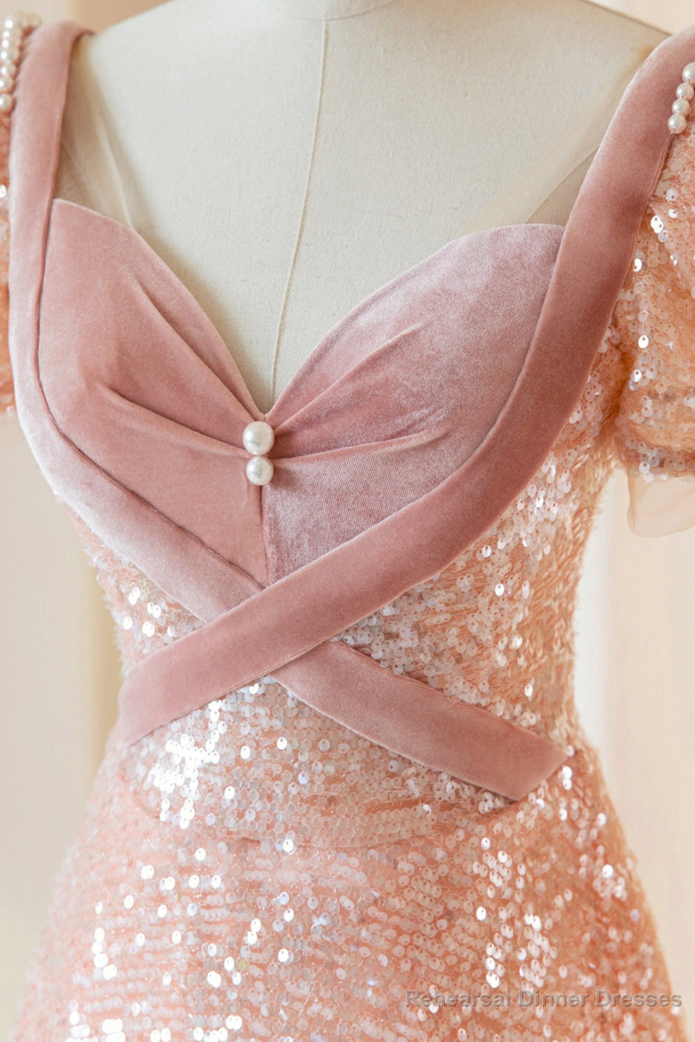 Pink Sequins Long Prom Dress, A-Line Short Sleeve Evening Dress Secondary image