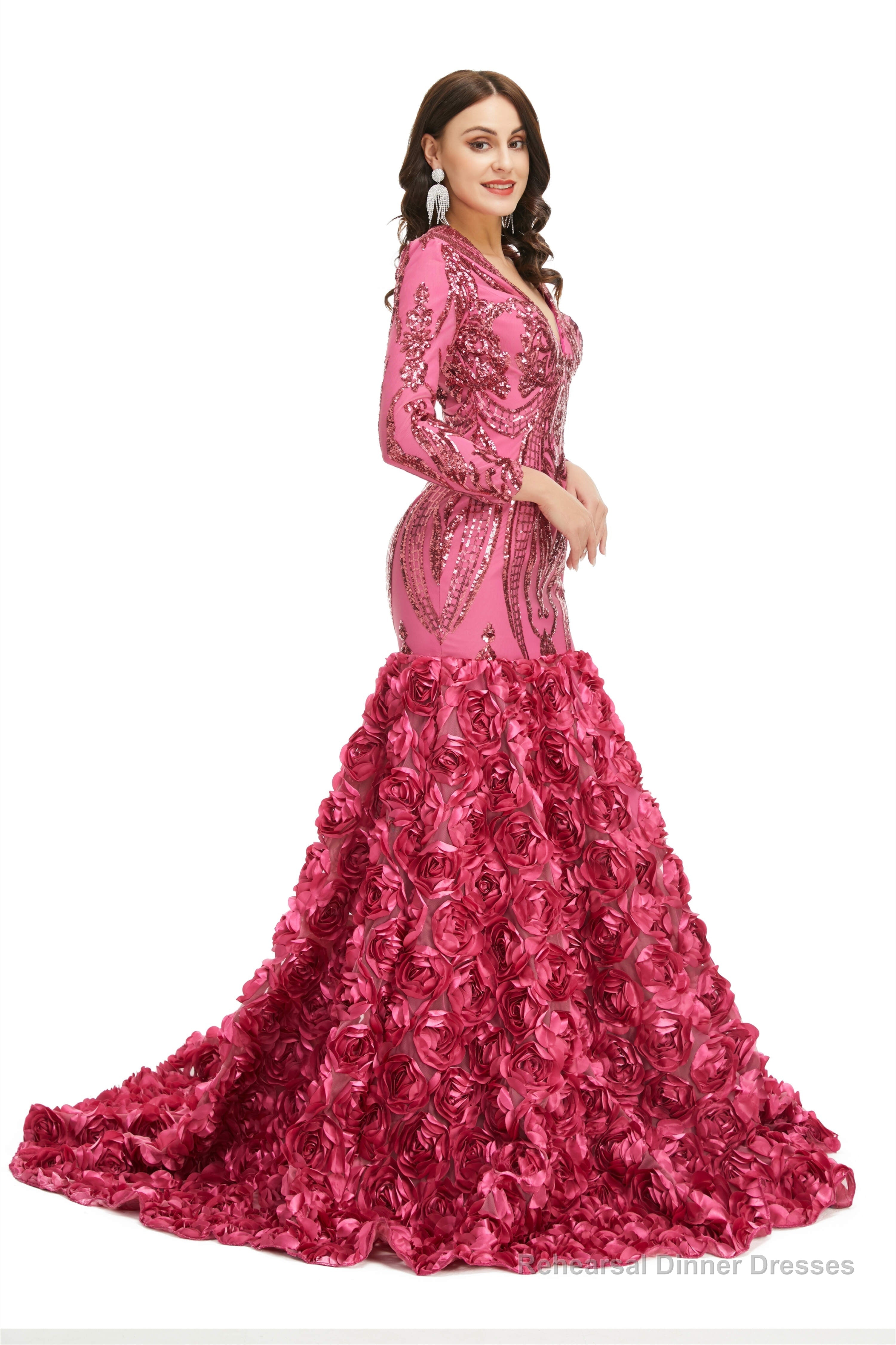 Sequins Mermaid Long V Neck Prom Dresses Full Sleeve
