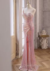 Pink Sequins Mermaid Sweetheart Long Evening Prom Dress, Pink Sequins Evening Dress