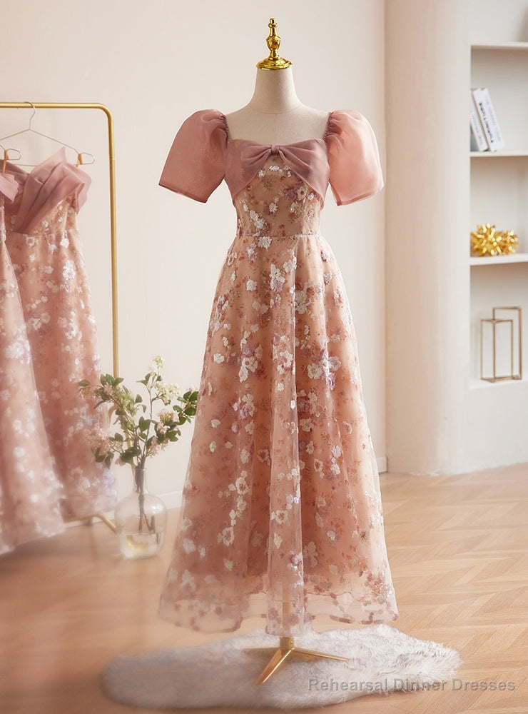 Pink Sequins Square Neck Short Sleeve Prom Dress Main image