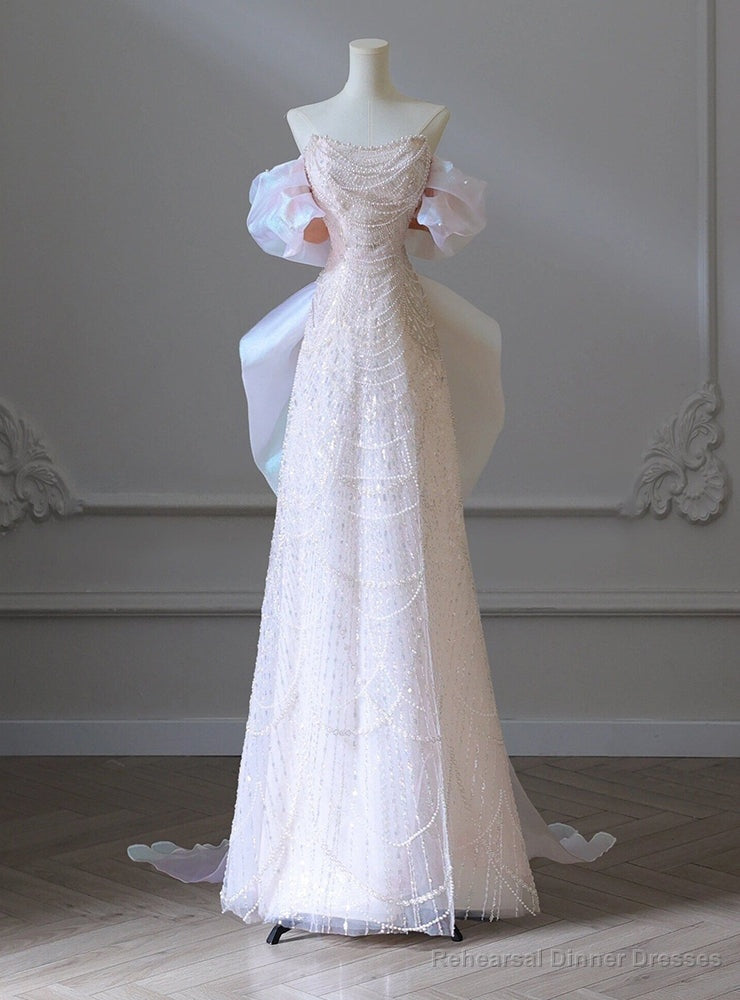 Pink Sequins Strapless Pearls Prom Dress Main image