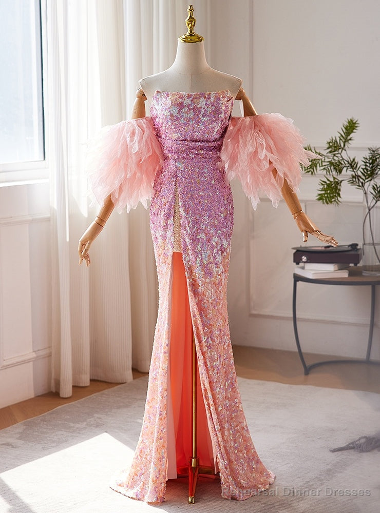 Pink Sequins Strapless Split Prom Dress Main image