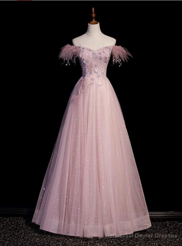 Pink Sequins Tulle Off the Shoulder Beading Prom Dress Main image
