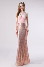 Pink Shimmery Sequin Lace Prom Dresses