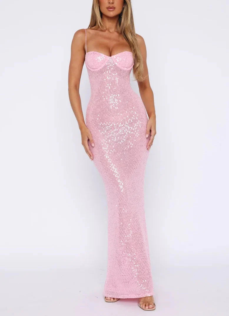 Pink Shiny Fashion Elegant Long Mermaid Slim Sequin Ball Gown Classy Evening Dress Party Dress