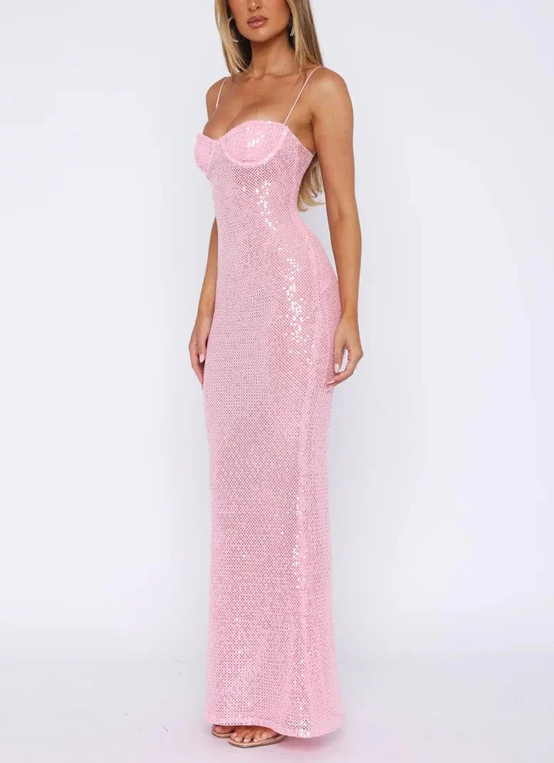 Pink Shiny Fashion Elegant Long Mermaid Slim Sequin Ball Gown Classy Evening Dress Party Dress