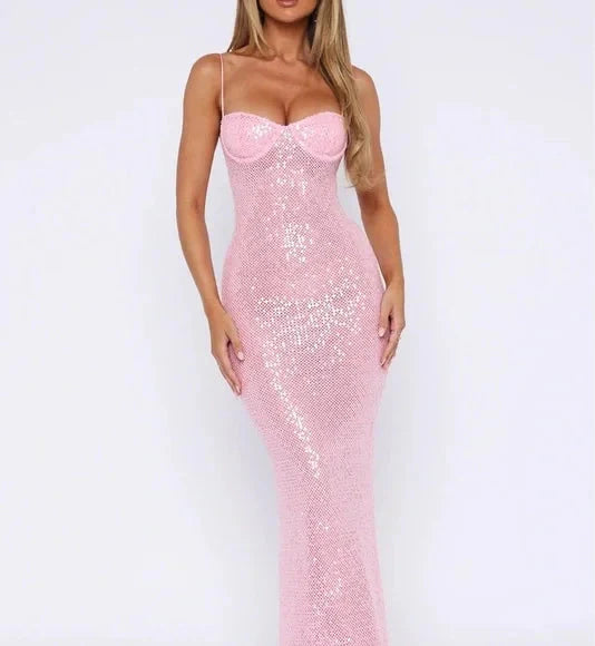 Pink Shiny Fashion Elegant Long Mermaid Slim Sequin Ball Gown Classy Evening Dress Party Dress