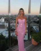 Pink Shiny Fashion Elegant Long Mermaid Slim Sequin Ball Gown Classy Evening Dress Party Dress