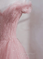 Pink Shiny Tulle Beaded Off Shoulder Long Party Dress, Pink Tulle Evening Dress