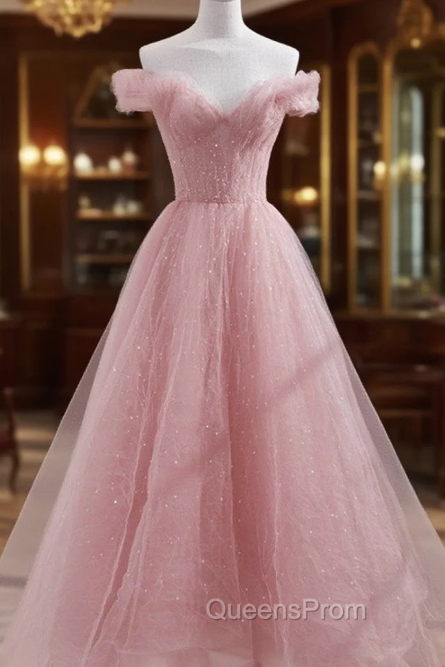 Pink Shiny Tulle Beaded Off Shoulder Long Party Dress, Pink Tulle Evening Dress Main image