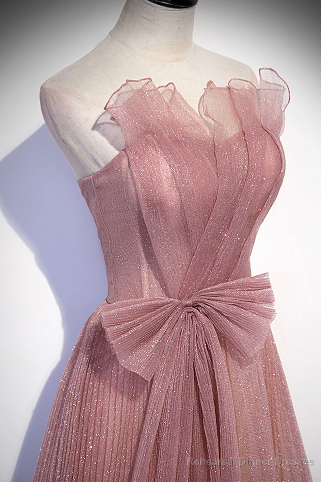 Pink Shiny Tulle Long A-Line Prom Dress, Lovely Strapless Evening Dress Secondary image