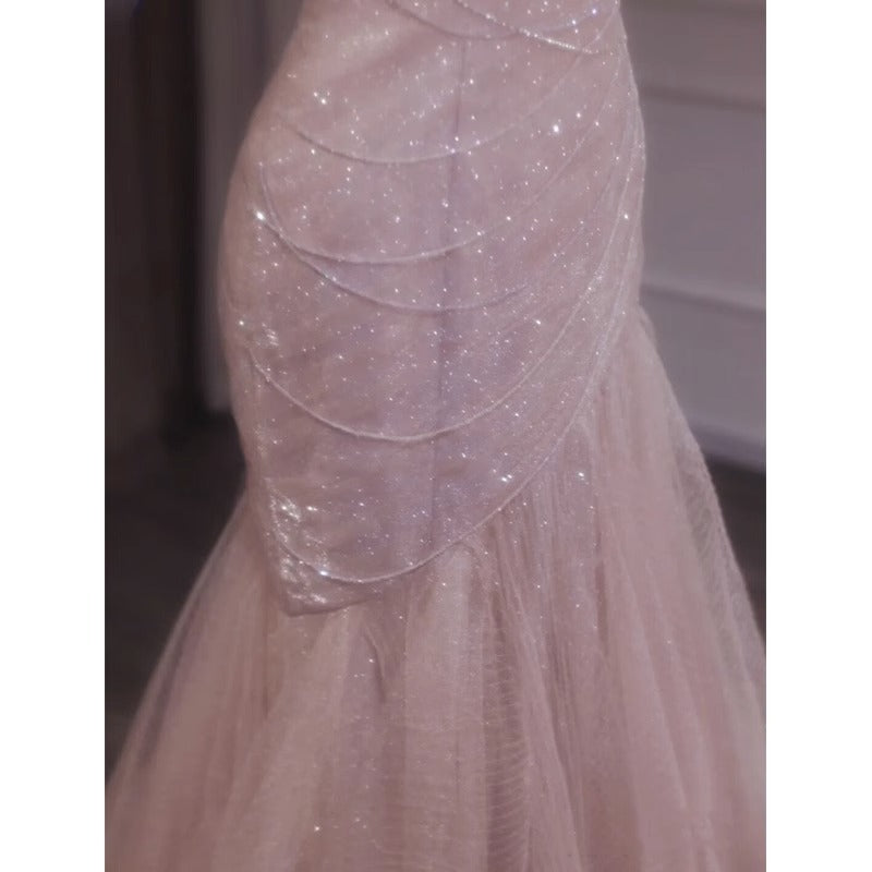 Pink Shiny Tulle Mermaid Classy Prom Dress Fairy Classy Evening Dress
