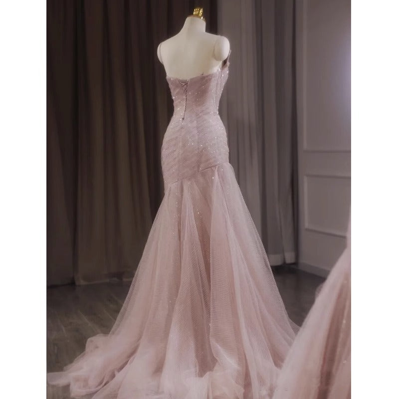 Pink Shiny Tulle Mermaid Classy Prom Dress Fairy Classy Evening Dress