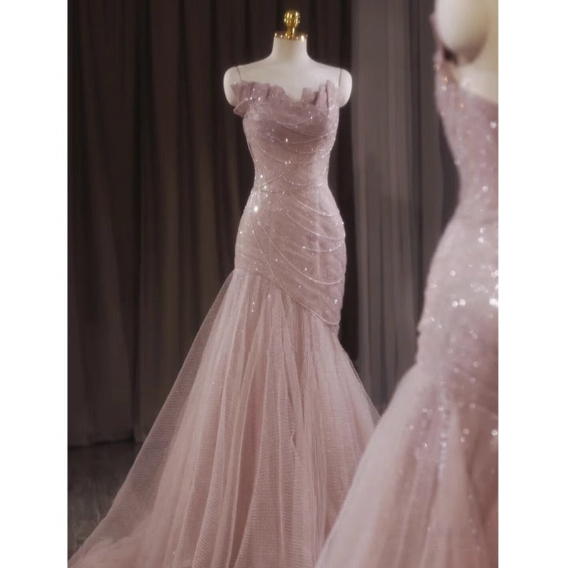 Pink Shiny Tulle Mermaid Classy Prom Dress Fairy Classy Evening Dress Main image