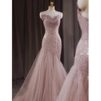 Pink Shiny Tulle Mermaid Classy Prom Dress Fairy Classy Evening Dress