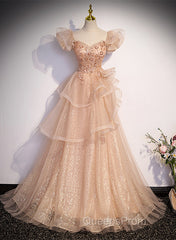 Pink Shiny Tulle Sweetheart Long Layers Party Dress, A-Line Pink Tulle Formal Dress Evening Prom Dress