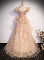 Pink Shiny Tulle Sweetheart Long Layers Party Dress, A-Line Pink Tulle Formal Dress Evening Prom Dress