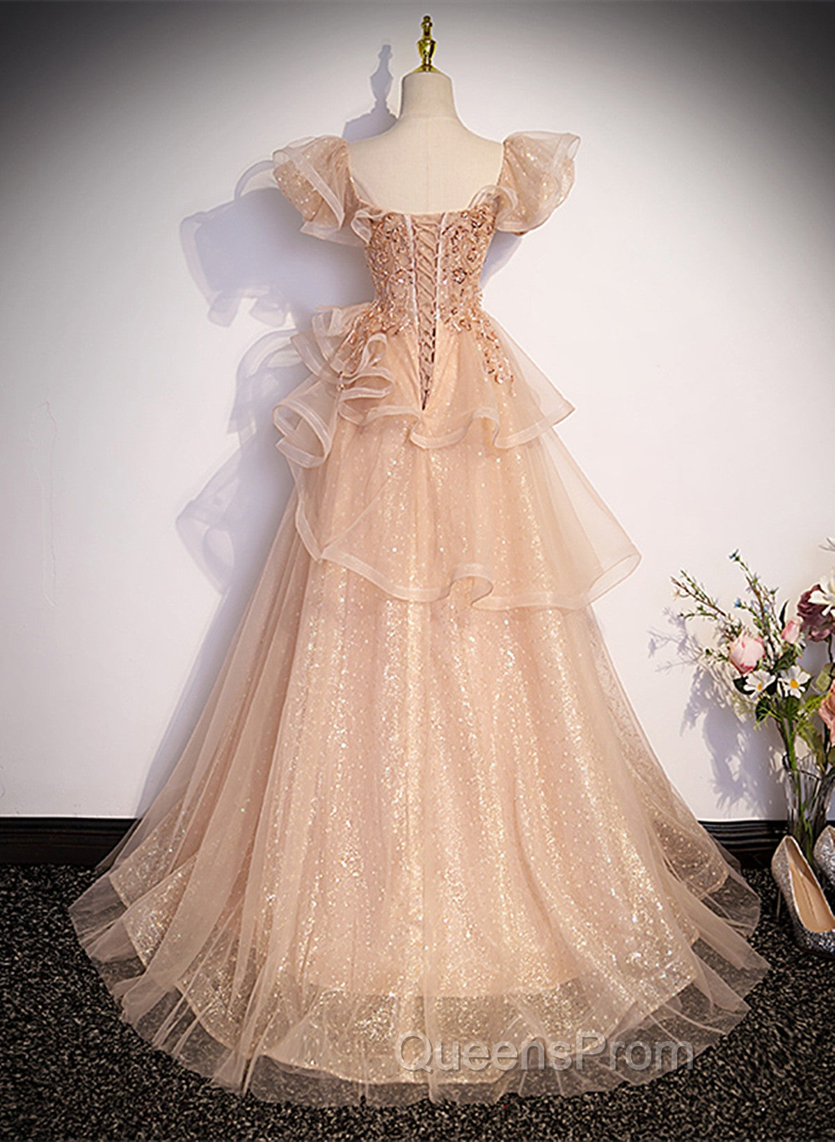 Pink Shiny Tulle Sweetheart Long Layers Party Dress, A-Line Pink Tulle Formal Dress Evening Prom Dress