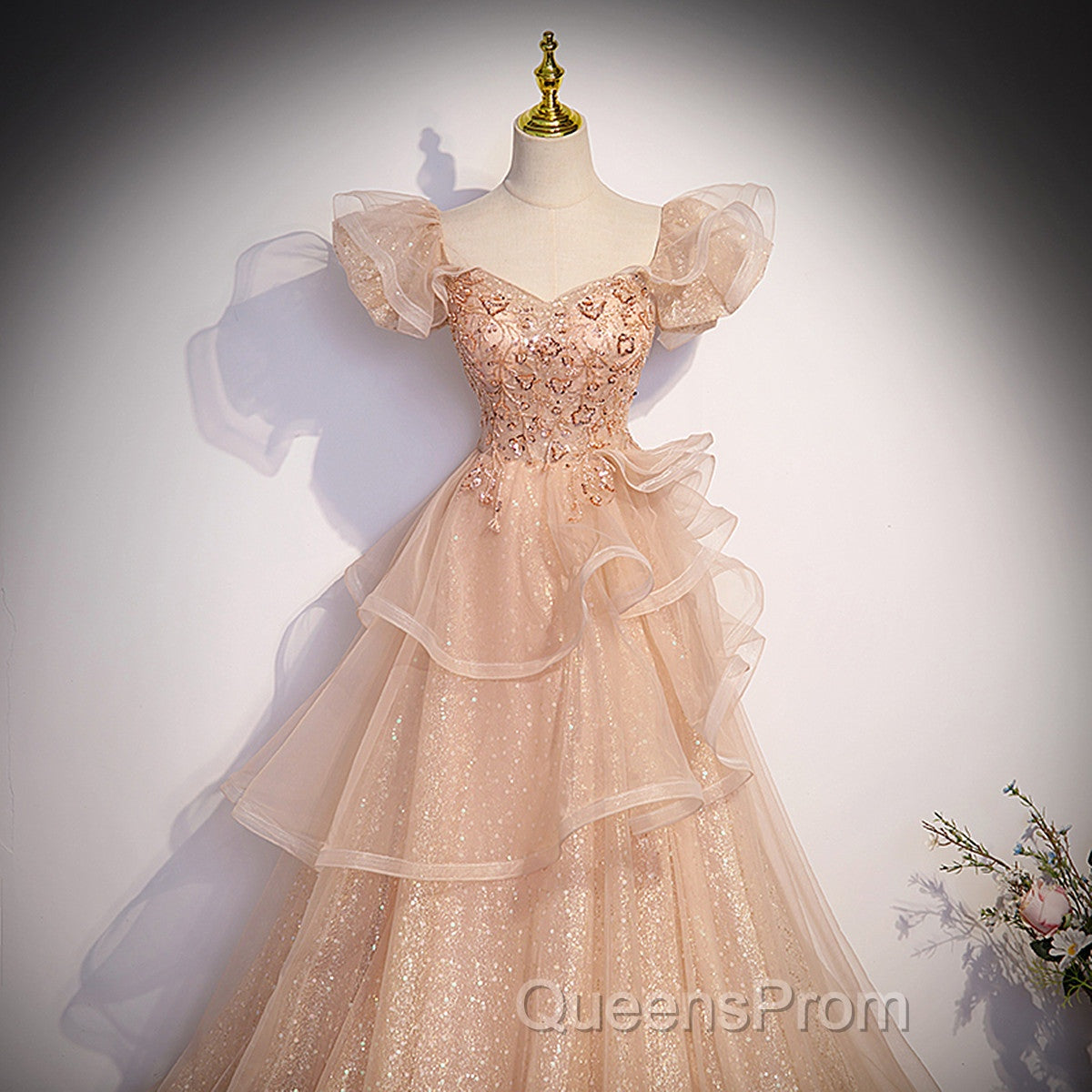 Pink Shiny Tulle Sweetheart Long Layers Party Dress, A-Line Pink Tulle Formal Dress Evening Prom Dress