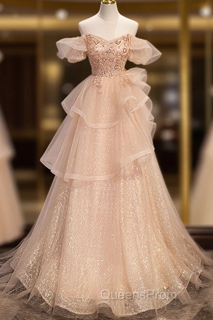 Pink Shiny Tulle Sweetheart Long Layers Party Dress, A-Line Pink Tulle Formal Dress Evening Prom Dress Main image