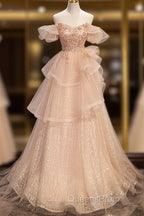 Pink Shiny Tulle Sweetheart Long Layers Party Dress, A-Line Pink Tulle Formal Dress Evening Prom Dress