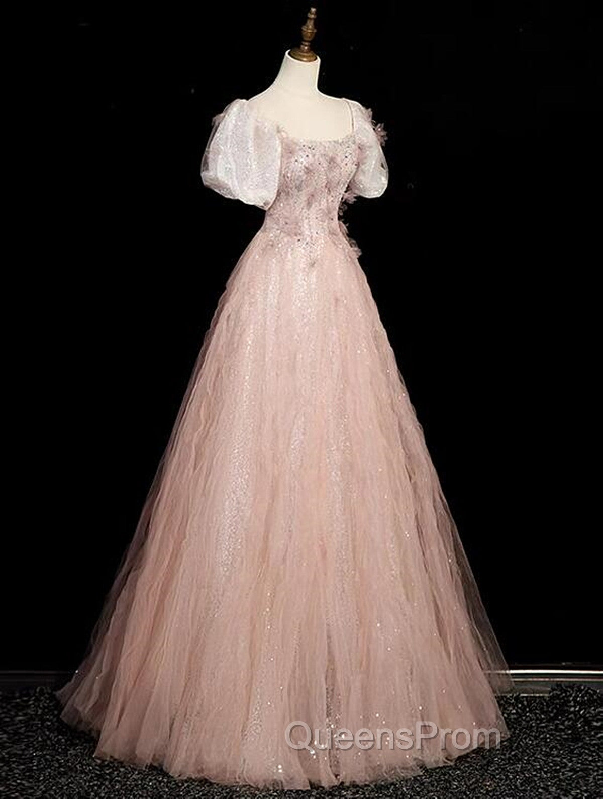 Pink Short Sleeves Tulle Sequins Long Party Dress, Pink Tulle Evening Prom Dress