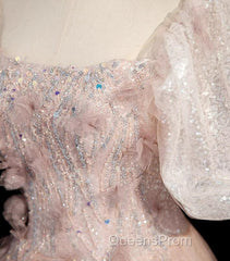 Pink Short Sleeves Tulle Sequins Long Party Dress, Pink Tulle Evening Prom Dress
