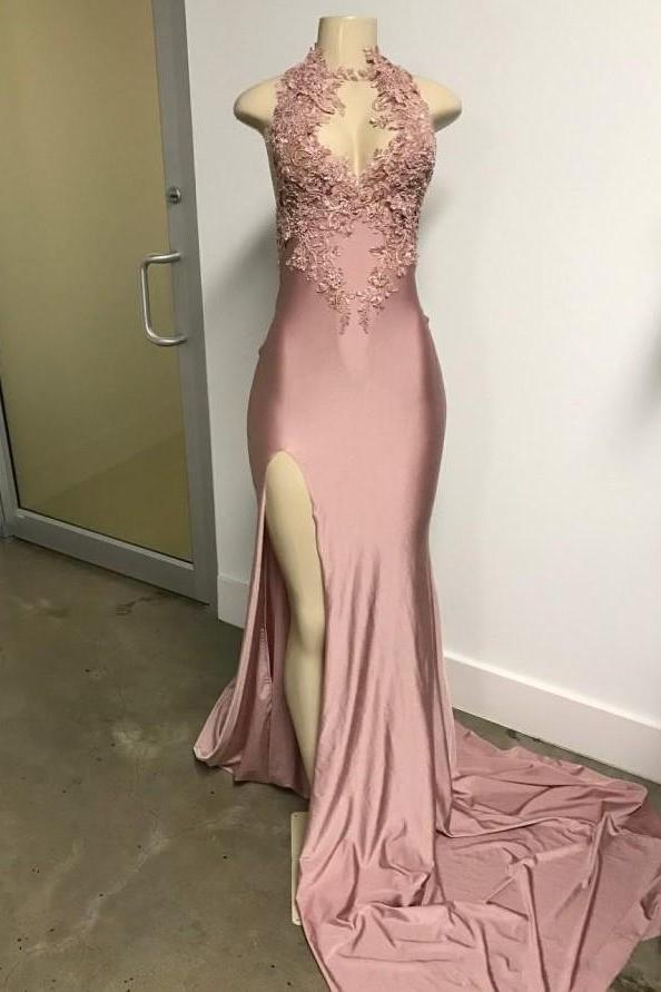 Pink Sleeveless Front Slit Appliques Long Mermaid Prom Dresses Secondary image