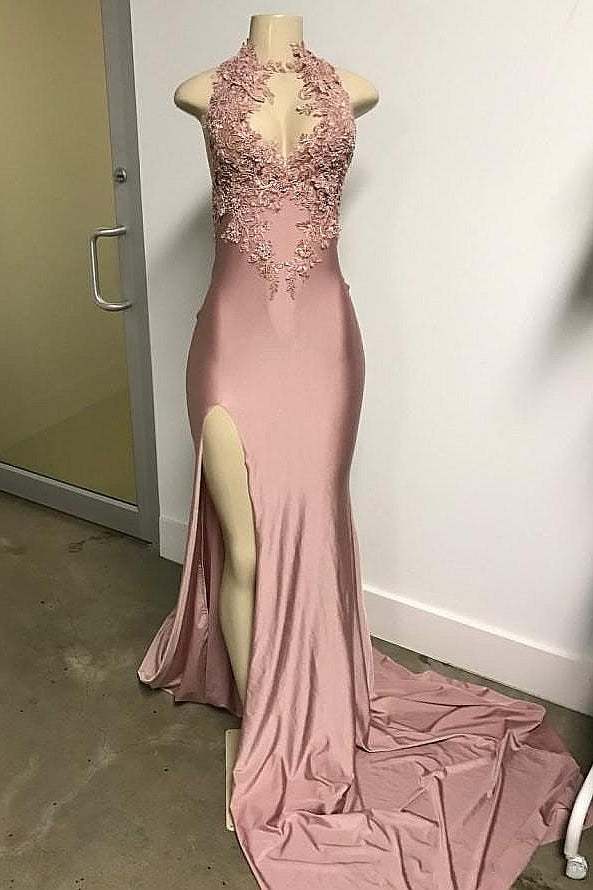 Pink Sleeveless Front Slit Appliques Long Mermaid Prom Dresses Main image