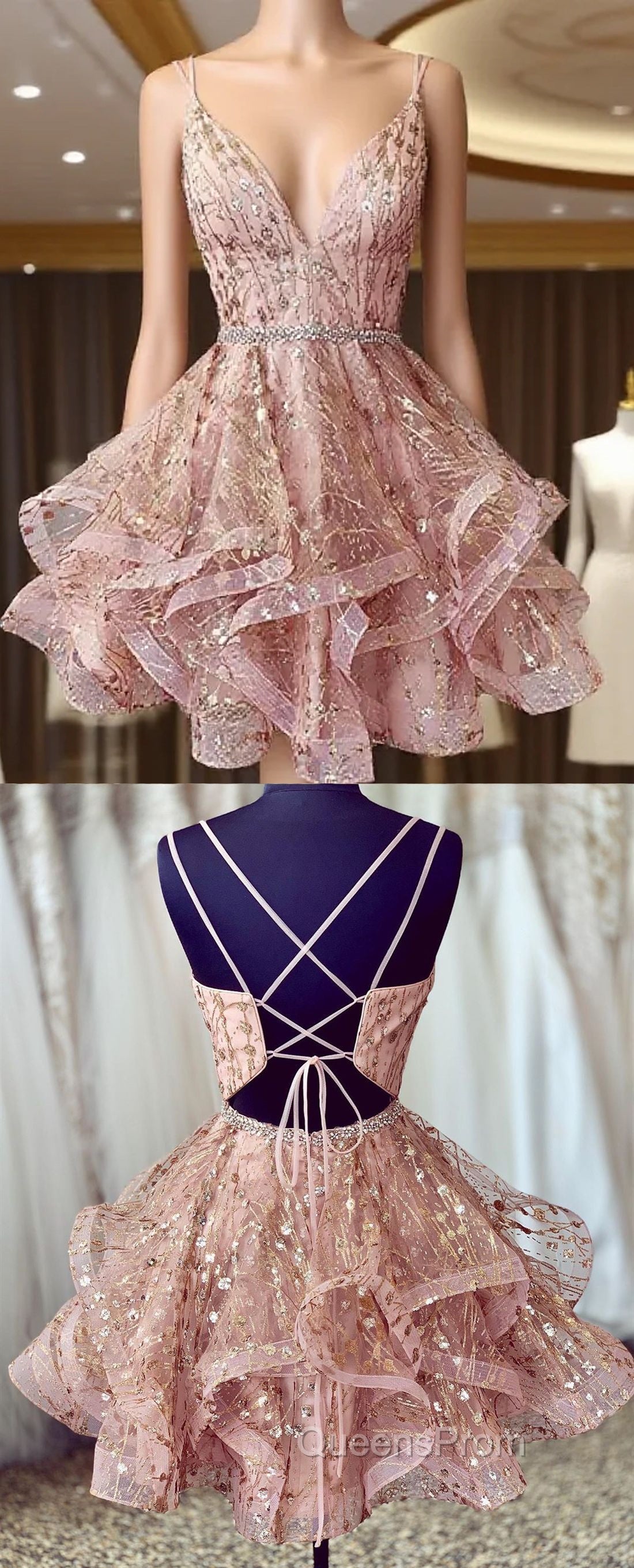 pink sleeveless v-neck spaghetti-straps sequins applique beaded homecoming Dress Main image