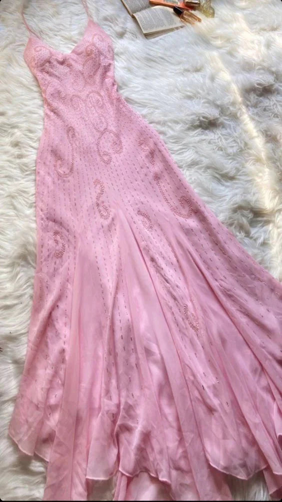 Pink Spaghetti Strap Beaded A-Line Long Elegant Ball Gown Classy Evening Dress Party Dress Secondary image