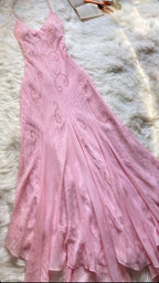Pink Spaghetti Strap Beaded A-Line Long Elegant Ball Gown Classy Evening Dress Party Dress