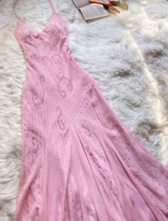 Pink Spaghetti Strap Beaded A-Line Long Elegant Ball Gown Classy Evening Dress Party Dress Main image