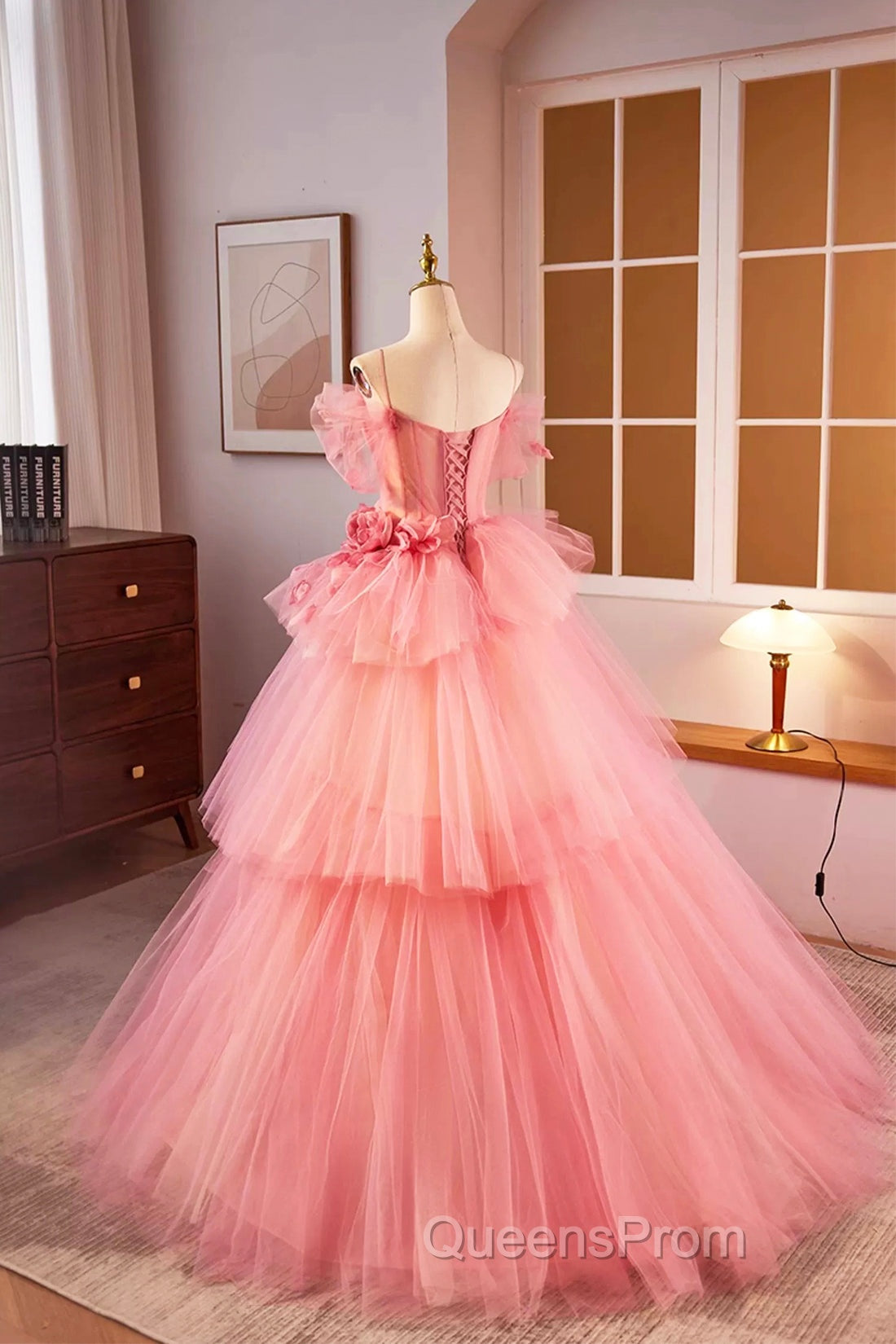 Pink Spaghetti Strap Tulle Long Evening Prom Dress, Beautiful A-Line Formal Sweet 16 Dress Secondary image
